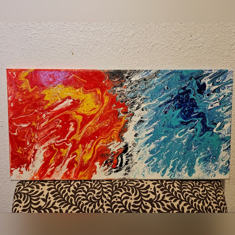 "Fire & Water" Acrylic Paint Pouring on 12x24" Stretched Canvas w clear coat